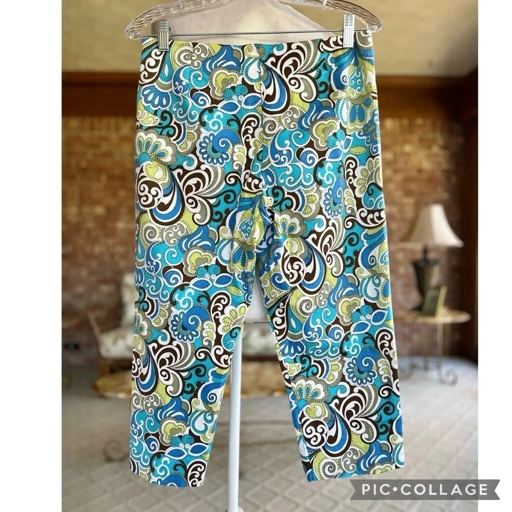 Boston Proper Blue Teal Paisley Cropped Capri Pants Retro Fits a Small